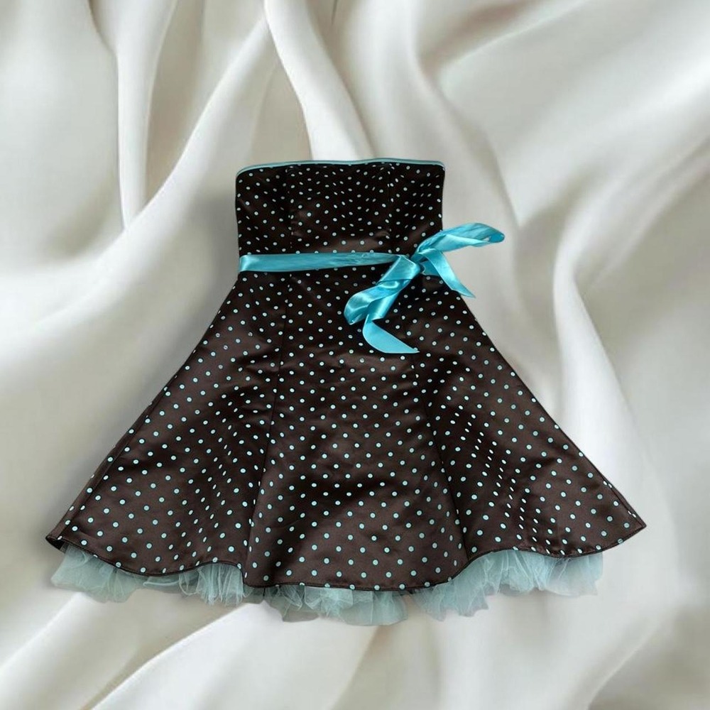 Jessica McClintock for Gunne Sax teal brown polkadot strapless dress Y2K vintage